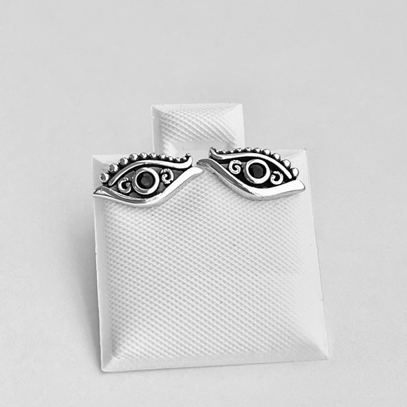 Sterling Silver Egyptian Eye Earrings with Black CZ, Religious Earring, Evil Eye - Picture 9 of 12